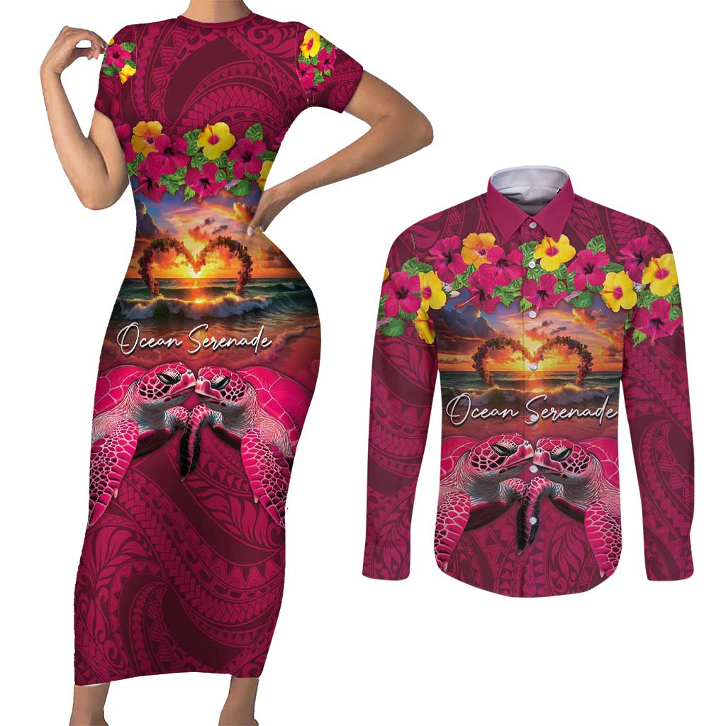 Hawaiian Turtle Love Couple Couples Matching Short Sleeve Bodycon Dress and Long Sleeve Button Shirt Ocean Serenade - Honu Honi Ihu with Hibiscus and Romantic Sunset Pink Color