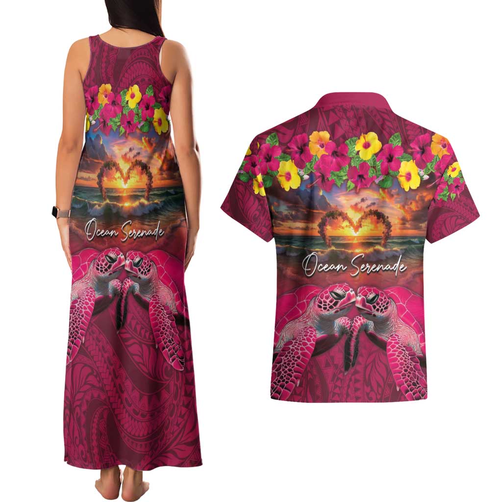 Hawaiian Turtle Love Couple Couples Matching Tank Maxi Dress and Hawaiian Shirt Ocean Serenade - Honu Honi Ihu with Hibiscus and Romantic Sunset Pink Color