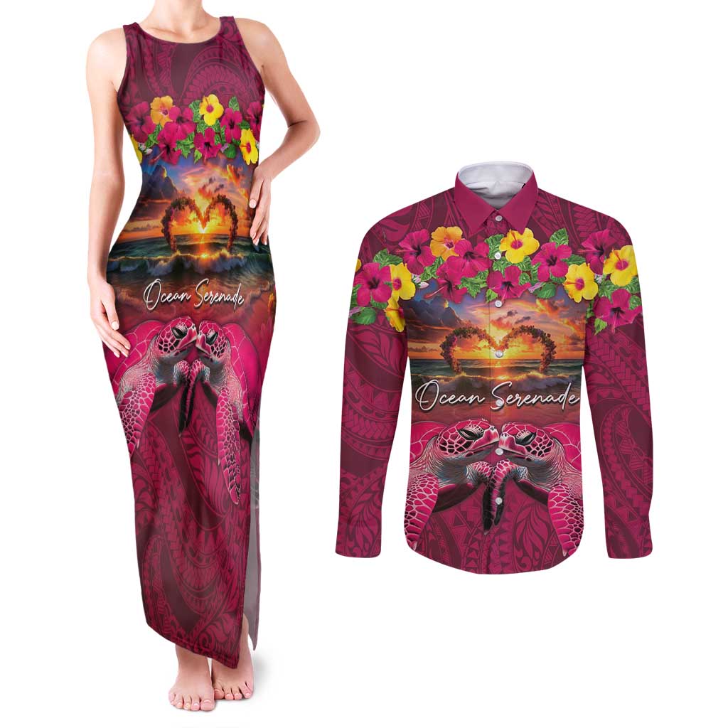 Hawaiian Turtle Love Couple Couples Matching Tank Maxi Dress and Long Sleeve Button Shirt Ocean Serenade - Honu Honi Ihu with Hibiscus and Romantic Sunset Pink Color