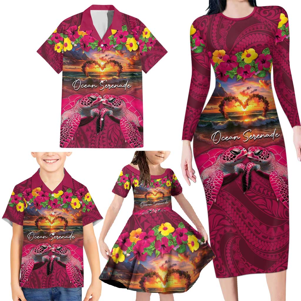 Hawaiian Turtle Love Couple Family Matching Long Sleeve Bodycon Dress and Hawaiian Shirt Ocean Serenade - Honu Honi Ihu with Hibiscus and Romantic Sunset Pink Color
