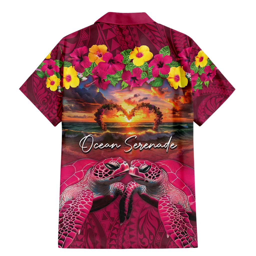 Hawaiian Turtle Love Couple Family Matching Mermaid Dress and Hawaiian Shirt Ocean Serenade - Honu Honi Ihu with Hibiscus and Romantic Sunset Pink Color