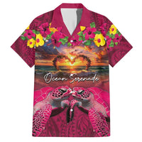 Hawaiian Turtle Love Couple Family Matching Short Sleeve Bodycon Dress and Hawaiian Shirt Ocean Serenade - Honu Honi Ihu with Hibiscus and Romantic Sunset Pink Color
