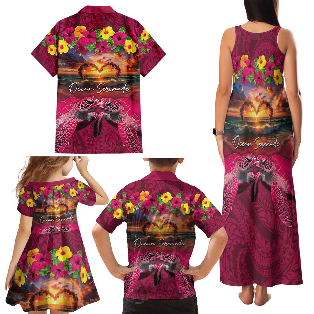 Hawaiian Turtle Love Couple Family Matching Tank Maxi Dress and Hawaiian Shirt Ocean Serenade - Honu Honi Ihu with Hibiscus and Romantic Sunset Pink Color
