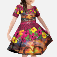 Hawaiian Turtle Love Couple Kid Short Sleeve Dress Ocean Serenade - Honu Honi Ihu with Hibiscus and Romantic Sunset Pink Color LT03 KID Pink - Polynesian Pride