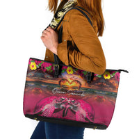 Hawaiian Turtle Love Couple Leather Tote Bag Ocean Serenade - Honu Honi Ihu with Hibiscus and Romantic Sunset Pink Color LT03 Pink - Polynesian Pride