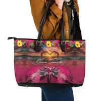 Hawaiian Turtle Love Couple Leather Tote Bag Ocean Serenade - Honu Honi Ihu with Hibiscus and Romantic Sunset Pink Color LT03 - Polynesian Pride