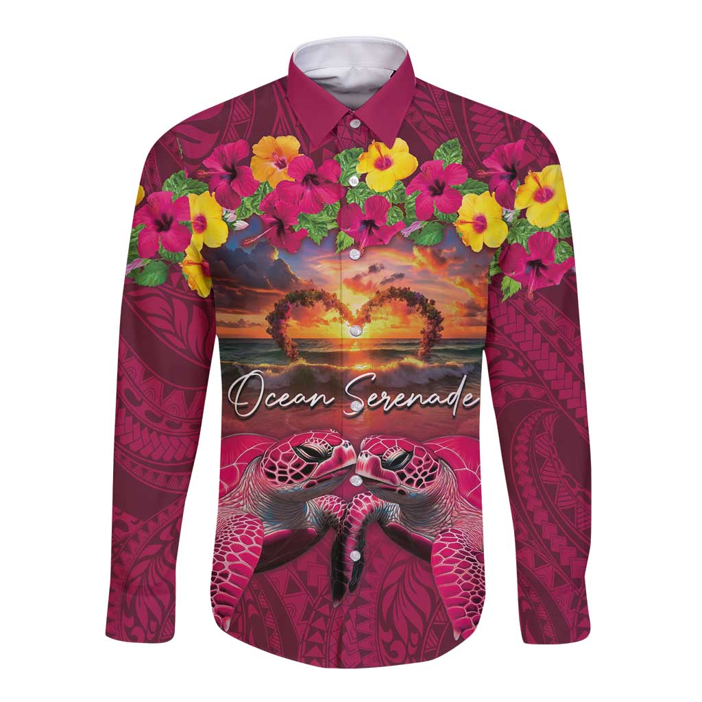 Hawaiian Turtle Love Couple Long Sleeve Button Shirt Ocean Serenade - Honu Honi Ihu with Hibiscus and Romantic Sunset Pink Color