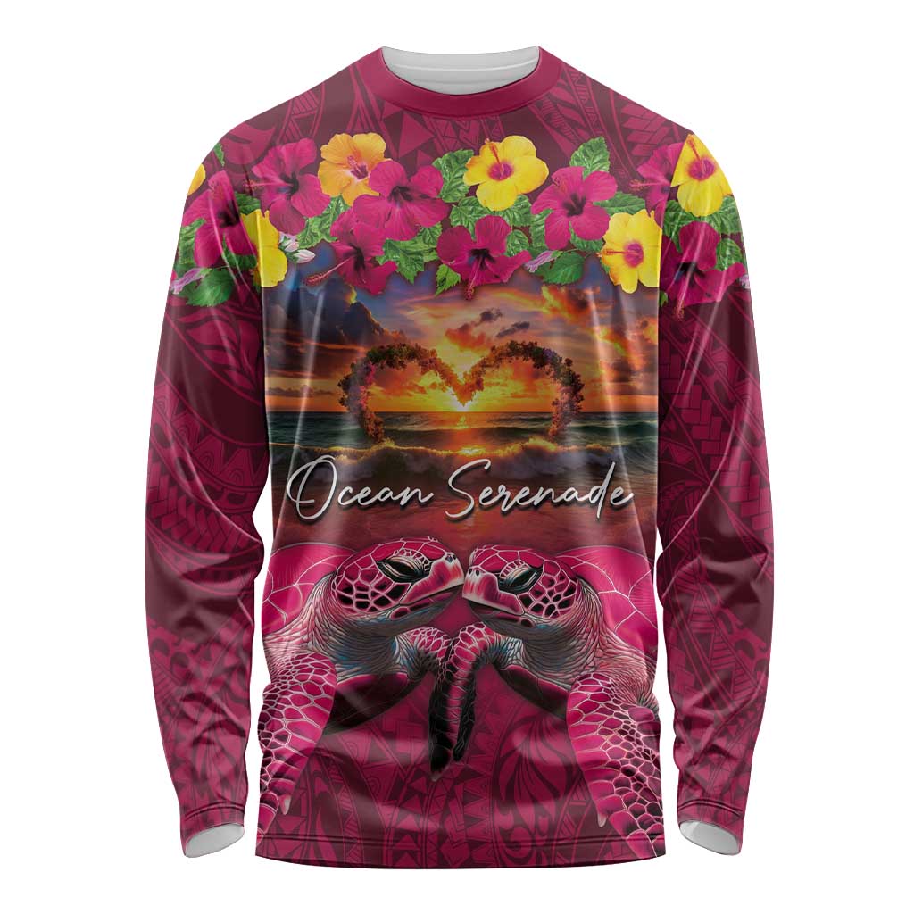 Hawaiian Turtle Love Couple Long Sleeve Shirt Ocean Serenade - Honu Honi Ihu with Hibiscus and Romantic Sunset Pink Color