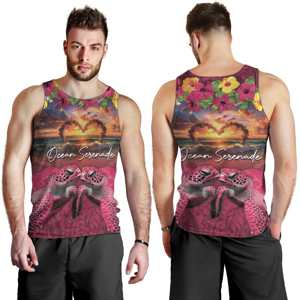 Hawaiian Turtle Love Couple Men Tank Top Ocean Serenade - Honu Honi Ihu with Hibiscus and Romantic Sunset Pink Color LT03 - Polynesian Pride