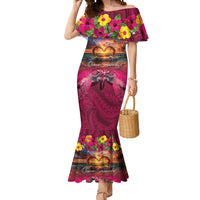 Hawaiian Turtle Love Couple Mermaid Dress Ocean Serenade - Honu Honi Ihu with Hibiscus and Romantic Sunset Pink Color LT03 Women Pink - Polynesian Pride