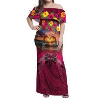 Hawaiian Turtle Love Couple Off Shoulder Maxi Dress Ocean Serenade - Honu Honi Ihu with Hibiscus and Romantic Sunset Pink Color LT03 Women Pink - Polynesian Pride