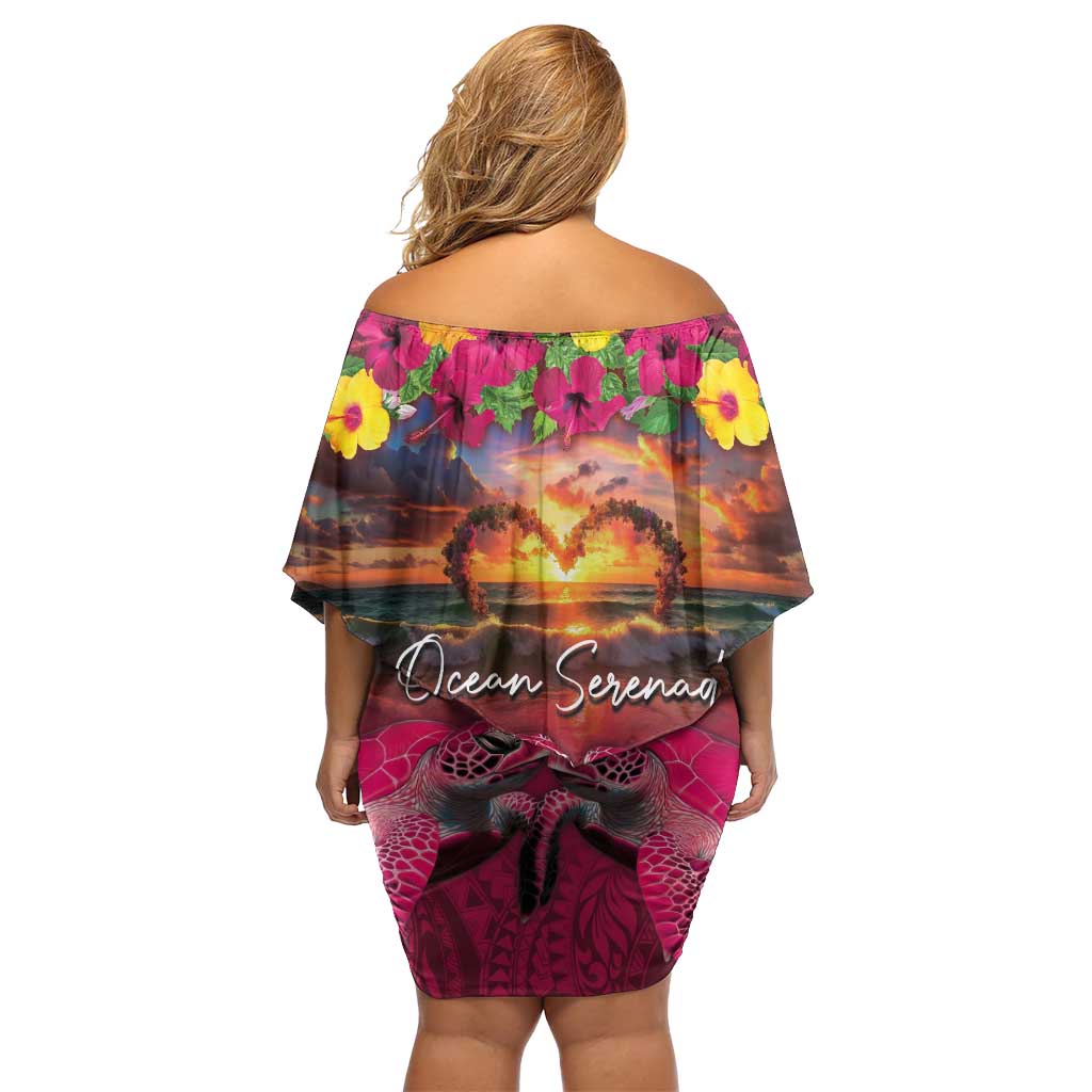 Hawaiian Turtle Love Couple Off Shoulder Short Dress Ocean Serenade - Honu Honi Ihu with Hibiscus and Romantic Sunset Pink Color LT03 - Polynesian Pride