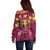 Hawaiian Turtle Love Couple Off Shoulder Sweater Ocean Serenade - Honu Honi Ihu with Hibiscus and Romantic Sunset Pink Color