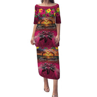 Hawaiian Turtle Love Couple Puletasi Ocean Serenade - Honu Honi Ihu with Hibiscus and Romantic Sunset Pink Color LT03 Long Dress Pink - Polynesian Pride