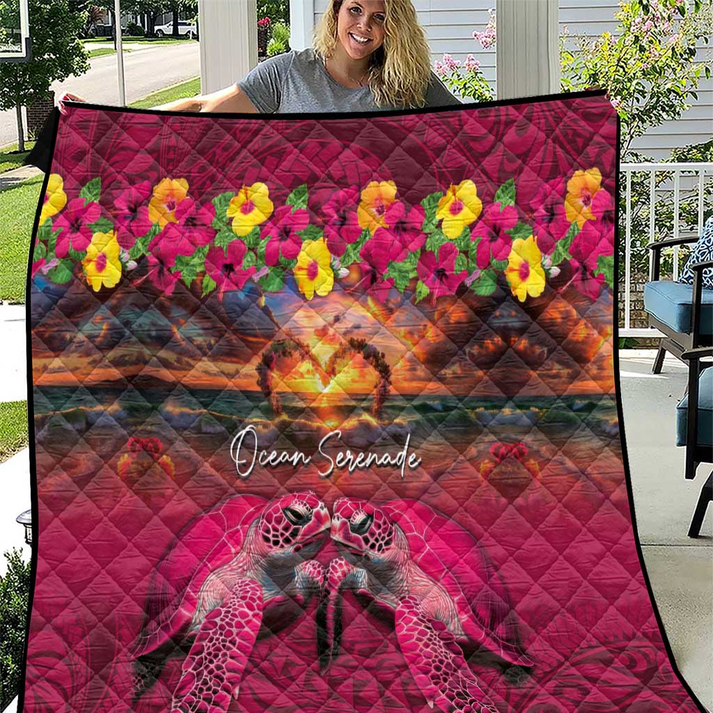 Hawaiian Turtle Love Couple Quilt Ocean Serenade - Honu Honi Ihu with Hibiscus and Romantic Sunset Pink Color