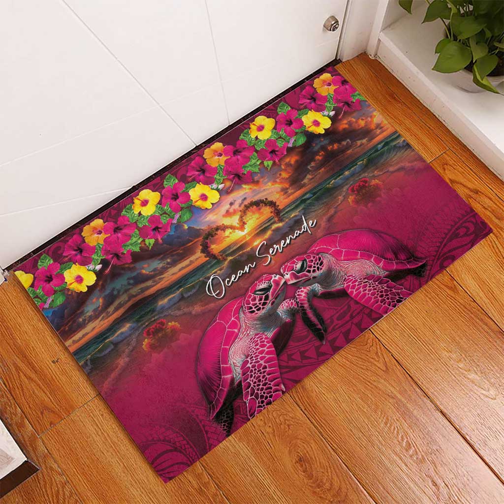 Hawaiian Turtle Love Couple Rubber Doormat Ocean Serenade - Honu Honi Ihu with Hibiscus and Romantic Sunset Pink Color