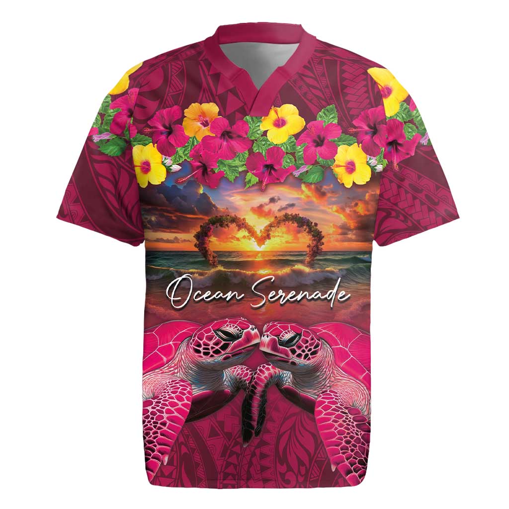 Hawaiian Turtle Love Couple Rugby Jersey Ocean Serenade - Honu Honi Ihu with Hibiscus and Romantic Sunset Pink Color