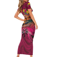 Hawaiian Turtle Love Couple Short Sleeve Bodycon Dress Ocean Serenade - Honu Honi Ihu with Hibiscus and Romantic Sunset Pink Color LT03 - Polynesian Pride