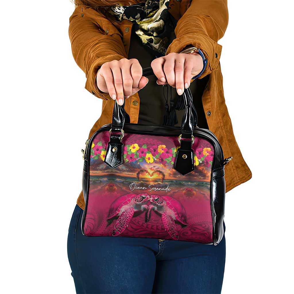 Hawaiian Turtle Love Couple Shoulder Handbag Ocean Serenade - Honu Honi Ihu with Hibiscus and Romantic Sunset Pink Color