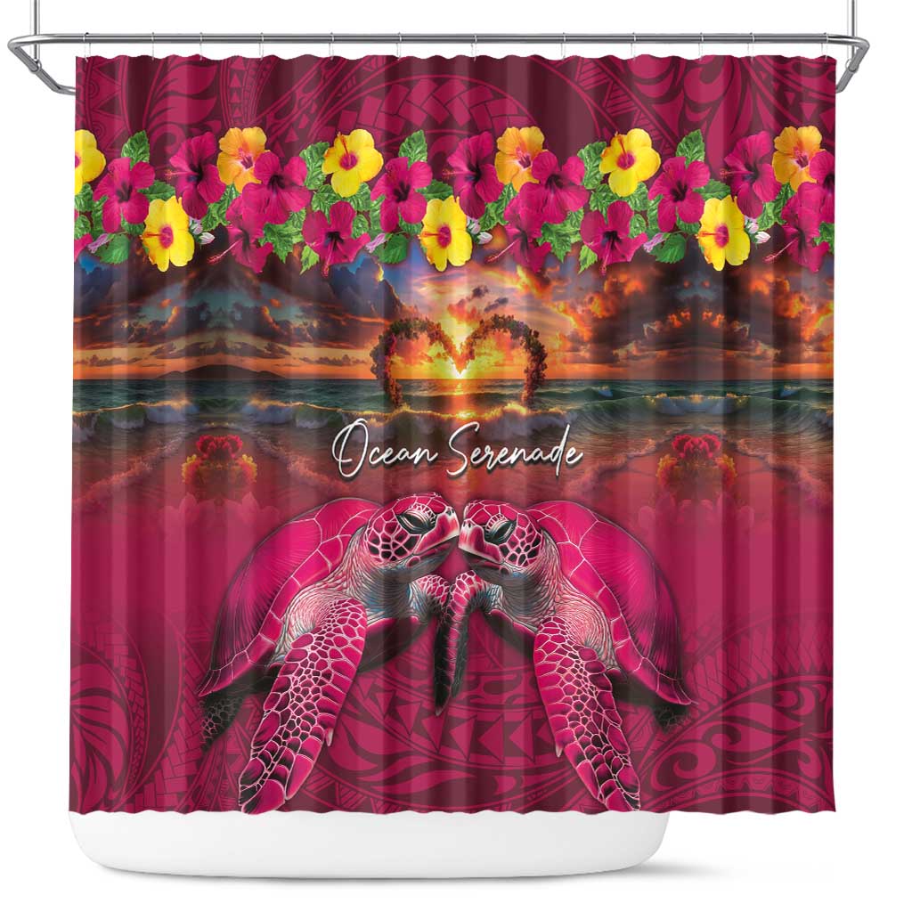 Hawaiian Turtle Love Couple Shower Curtain Ocean Serenade - Honu Honi Ihu with Hibiscus and Romantic Sunset Pink Color