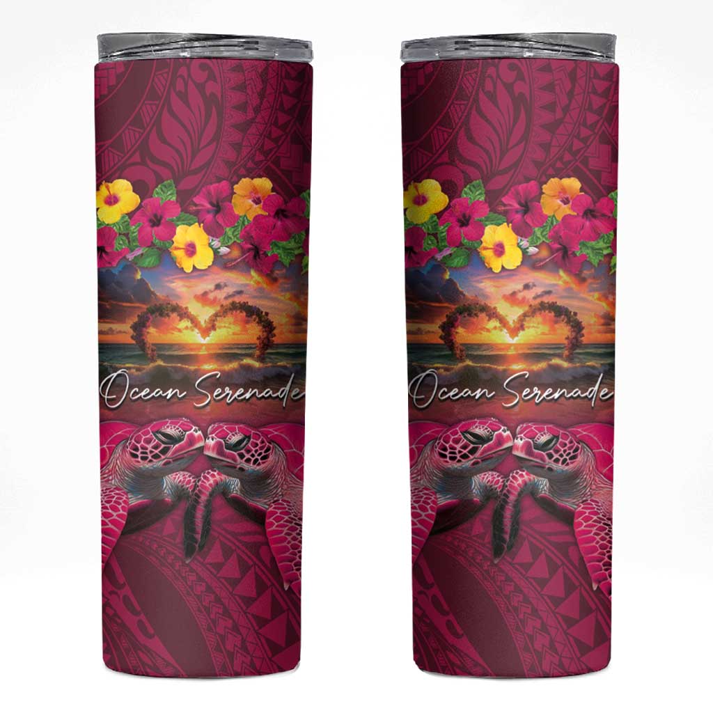 Hawaiian Turtle Love Couple Skinny Tumbler Ocean Serenade - Honu Honi Ihu with Hibiscus and Romantic Sunset Pink Color