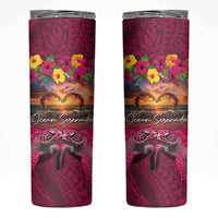 Hawaiian Turtle Love Couple Skinny Tumbler Ocean Serenade - Honu Honi Ihu with Hibiscus and Romantic Sunset Pink Color