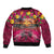 Hawaiian Turtle Love Couple Sleeve Zip Bomber Jacket Ocean Serenade - Honu Honi Ihu with Hibiscus and Romantic Sunset Pink Color