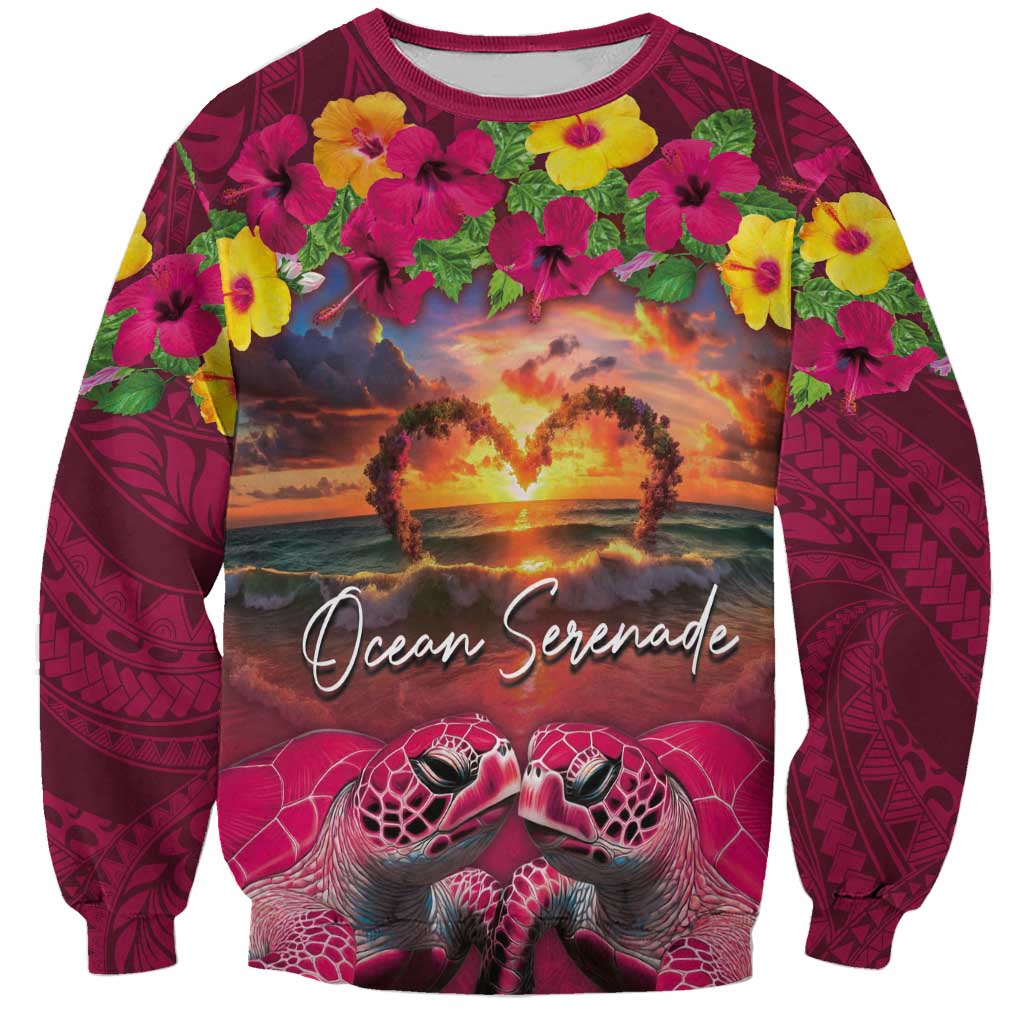 Hawaiian Turtle Love Couple Sweatshirt Ocean Serenade - Honu Honi Ihu with Hibiscus and Romantic Sunset Pink Color