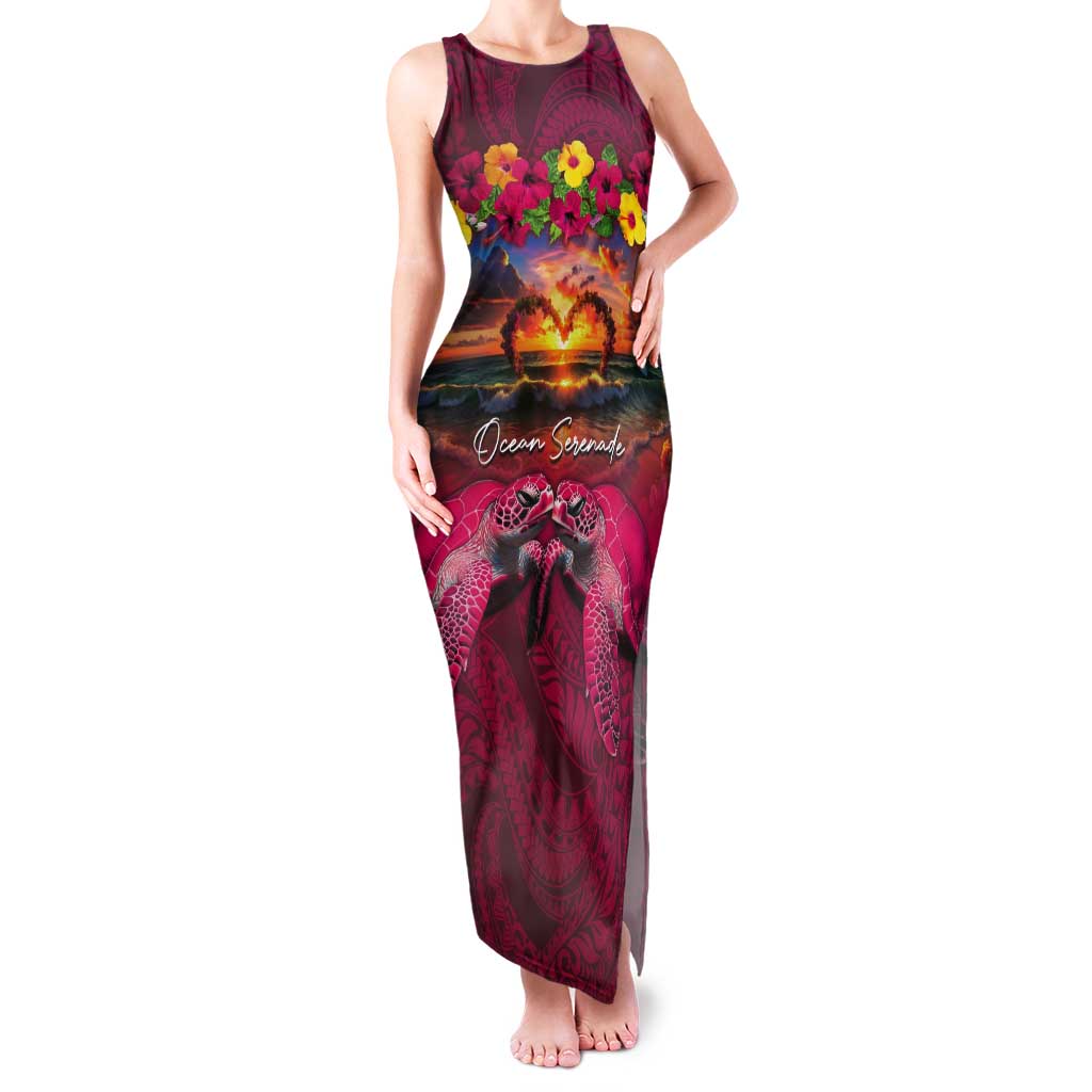 Hawaiian Turtle Love Couple Tank Maxi Dress Ocean Serenade - Honu Honi Ihu with Hibiscus and Romantic Sunset Pink Color LT03 Women Pink - Polynesian Pride