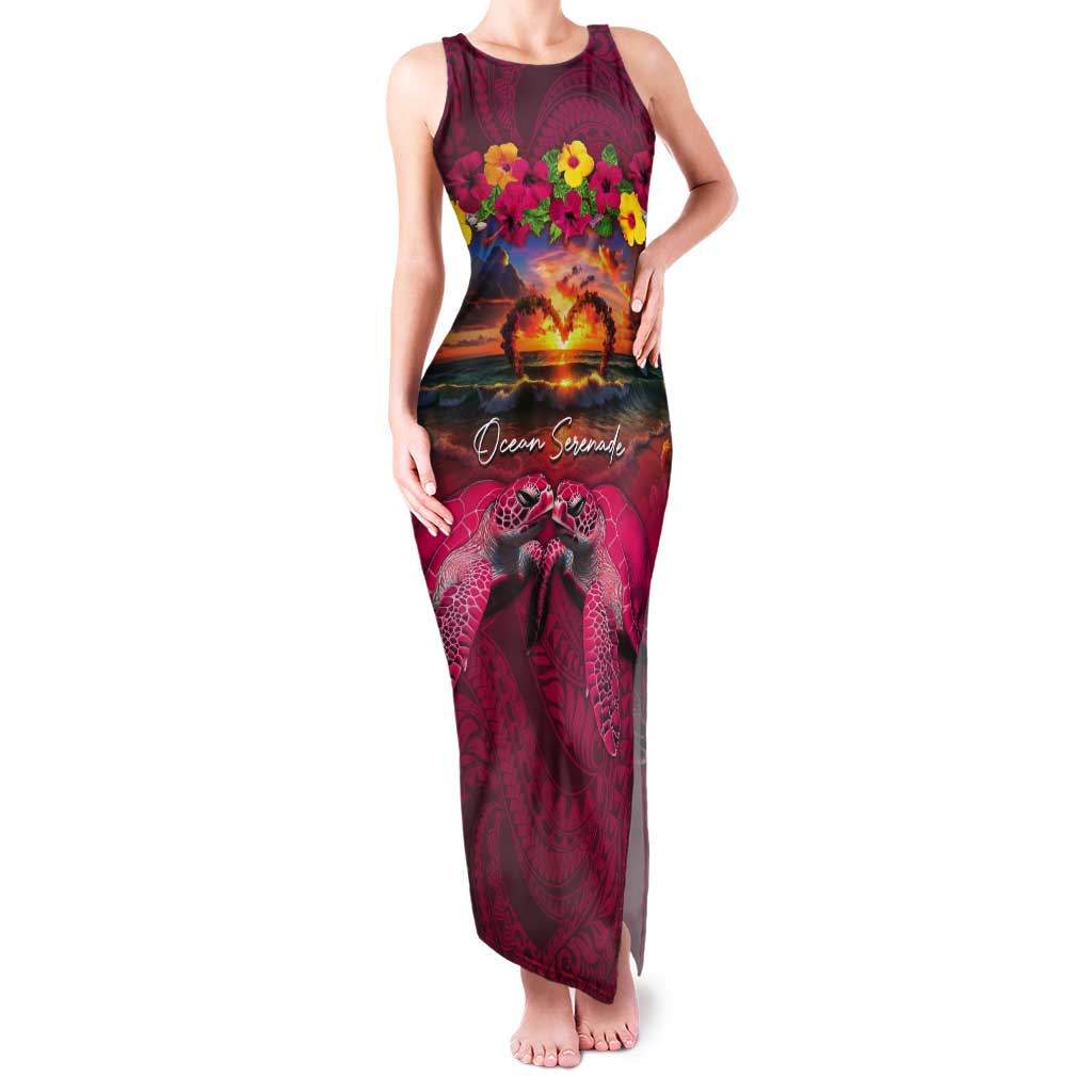 Hawaiian Turtle Love Couple Tank Maxi Dress Ocean Serenade - Honu Honi Ihu with Hibiscus and Romantic Sunset Pink Color