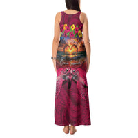 Hawaiian Turtle Love Couple Tank Maxi Dress Ocean Serenade - Honu Honi Ihu with Hibiscus and Romantic Sunset Pink Color LT03 - Polynesian Pride