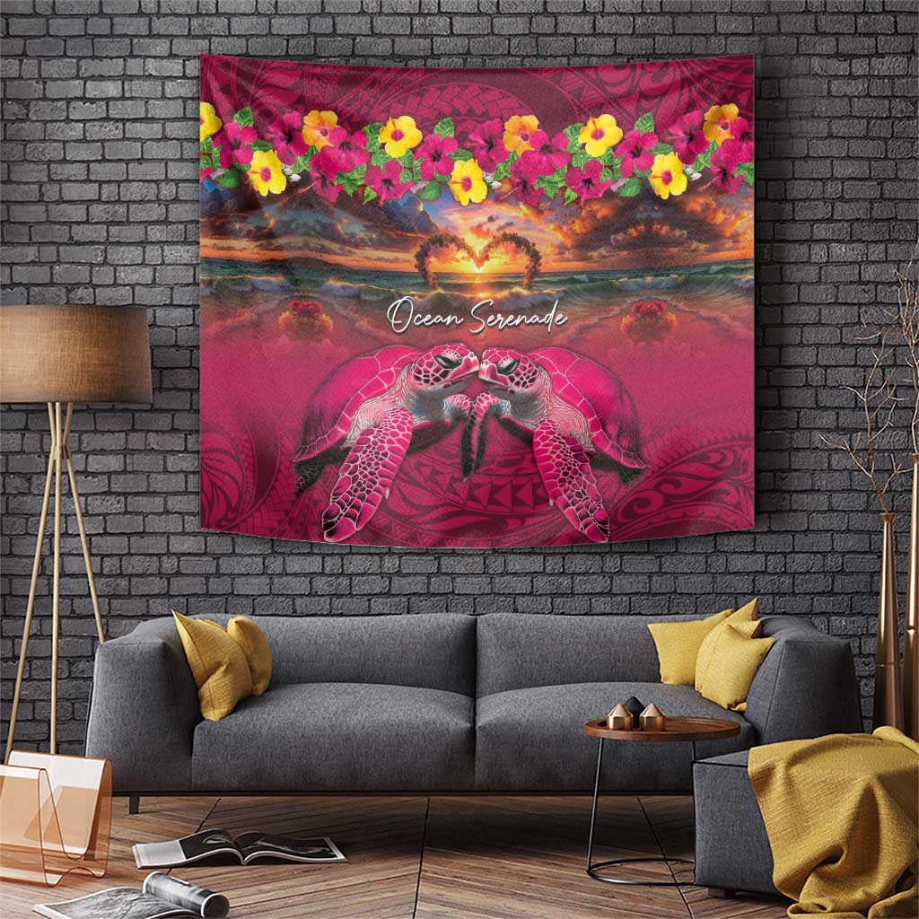 Hawaiian Turtle Love Couple Tapestry Ocean Serenade - Honu Honi Ihu with Hibiscus and Romantic Sunset Pink Color