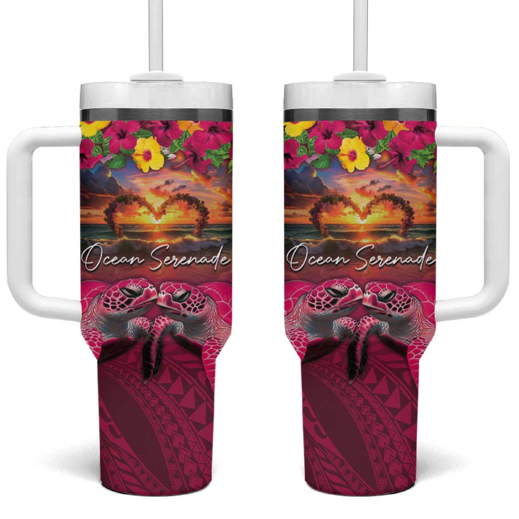 Hawaiian Turtle Love Couple Tumbler With Handle Ocean Serenade - Honu Honi Ihu with Hibiscus and Romantic Sunset Pink Color