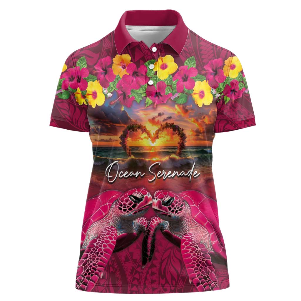 Hawaiian Turtle Love Couple Women Polo Shirt Ocean Serenade - Honu Honi Ihu with Hibiscus and Romantic Sunset Pink Color