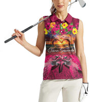Hawaiian Turtle Love Couple Women Sleeveless Polo Shirt Ocean Serenade - Honu Honi Ihu with Hibiscus and Romantic Sunset Pink Color