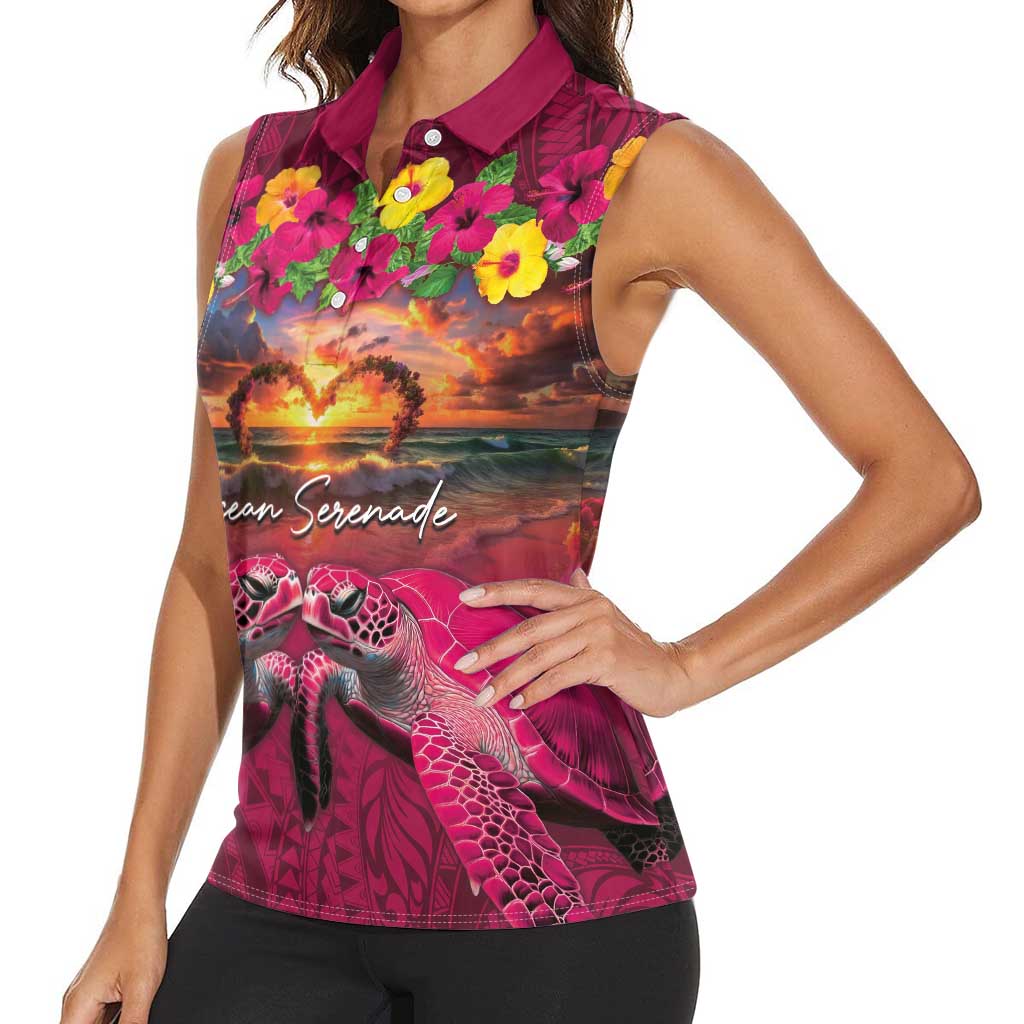 Hawaiian Turtle Love Couple Women Sleeveless Polo Shirt Ocean Serenade - Honu Honi Ihu with Hibiscus and Romantic Sunset Pink Color