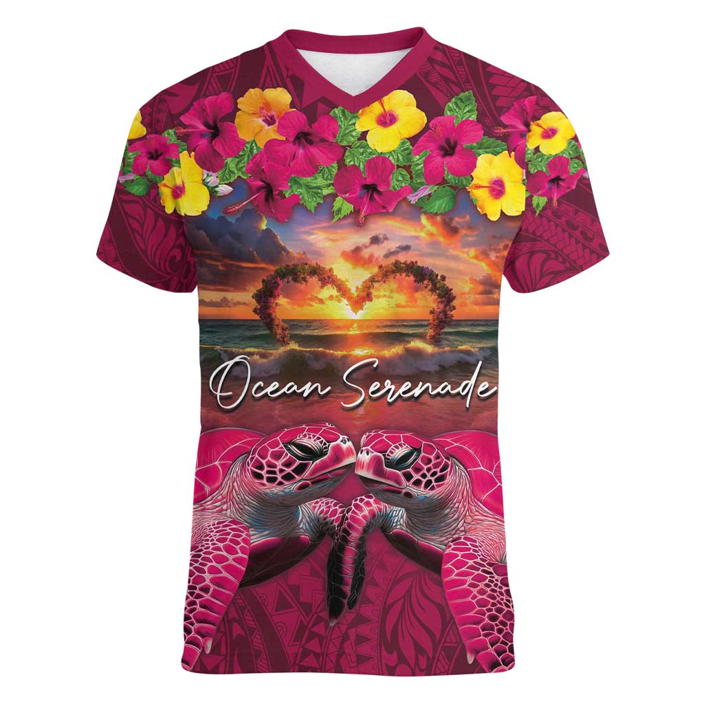 Hawaiian Turtle Love Couple Women V-Neck T-Shirt Ocean Serenade - Honu Honi Ihu with Hibiscus and Romantic Sunset Pink Color