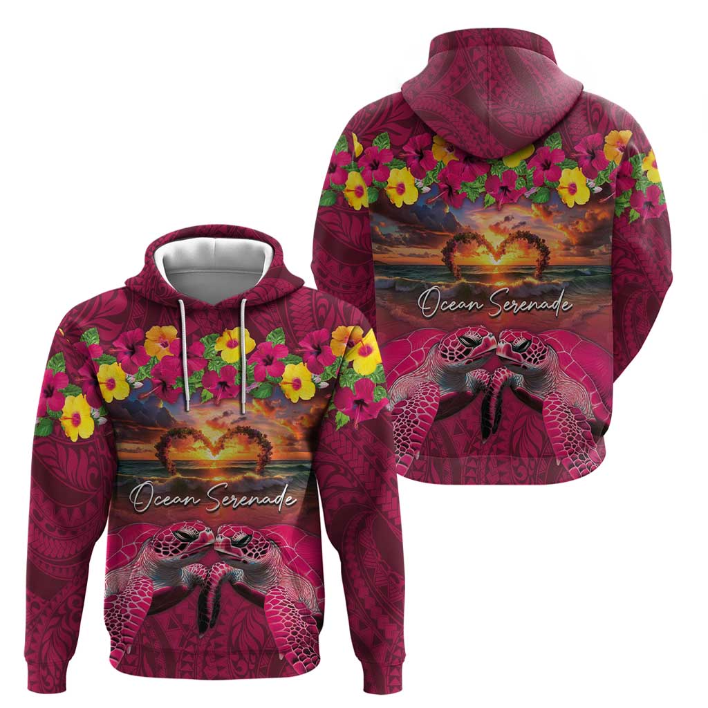Hawaiian Turtle Love Couple Zip Hoodie Ocean Serenade - Honu Honi Ihu with Hibiscus and Romantic Sunset Pink Color