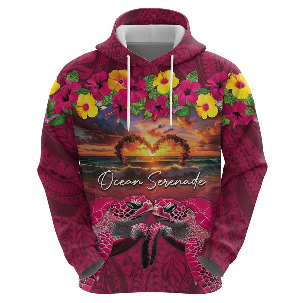 Hawaiian Turtle Love Couple Zip Hoodie Ocean Serenade - Honu Honi Ihu with Hibiscus and Romantic Sunset Pink Color