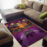 Hawaiian Turtle Love Couple Area Rug Ocean Serenade - Honu Honi Ihu with Hibiscus and Romantic Sunset Purple Color