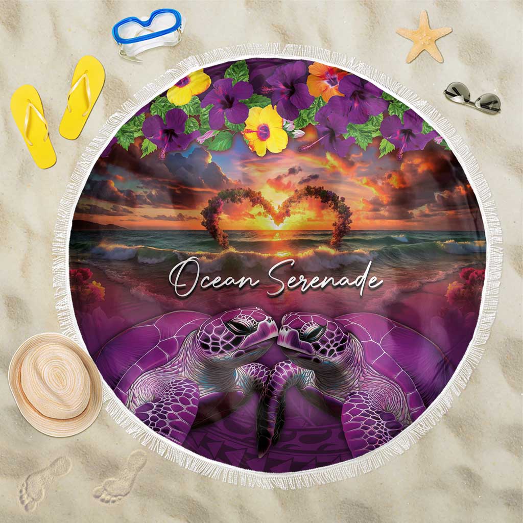 Hawaiian Turtle Love Couple Beach Blanket Ocean Serenade - Honu Honi Ihu with Hibiscus and Romantic Sunset Purple Color