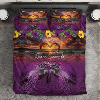 Hawaiian Turtle Love Couple Bedding Set Ocean Serenade - Honu Honi Ihu with Hibiscus and Romantic Sunset Purple Color