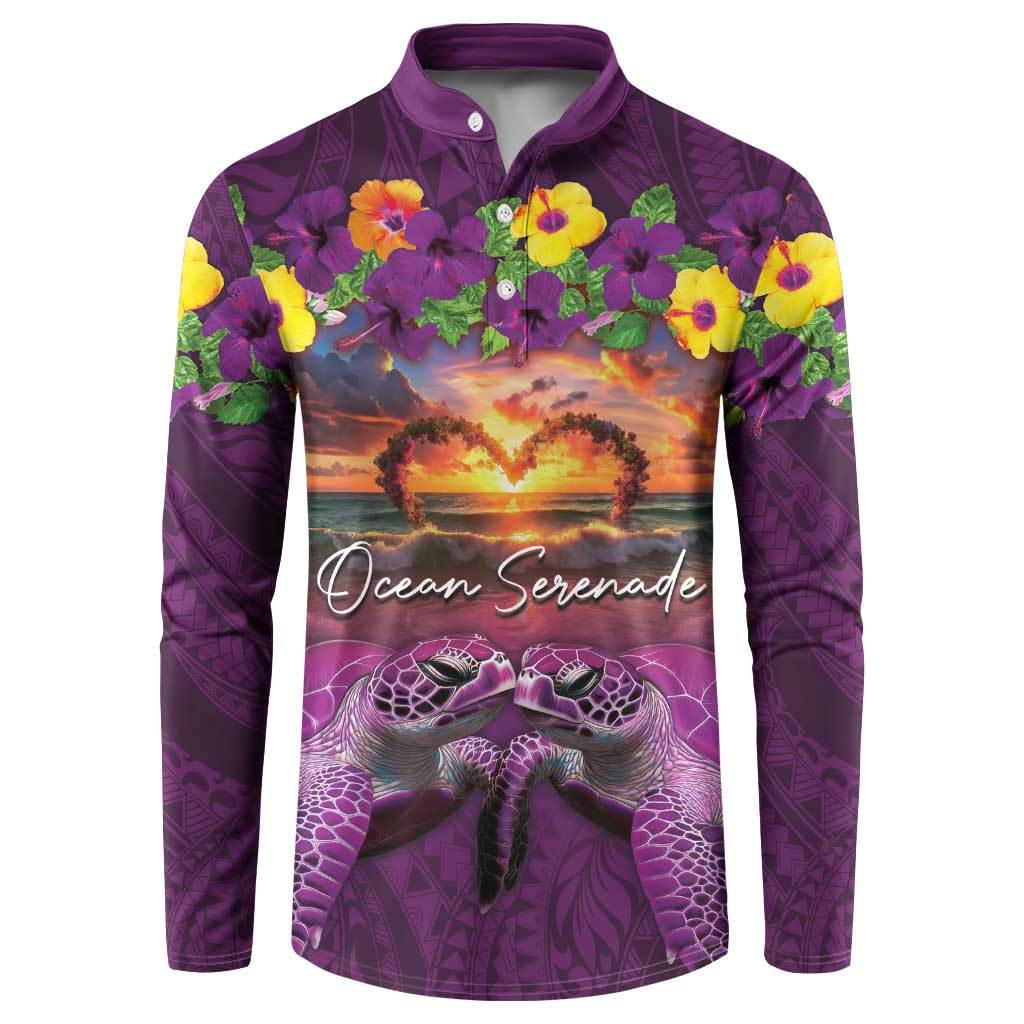 Hawaiian Turtle Love Couple Button Sweatshirt Ocean Serenade - Honu Honi Ihu with Hibiscus and Romantic Sunset Purple Color