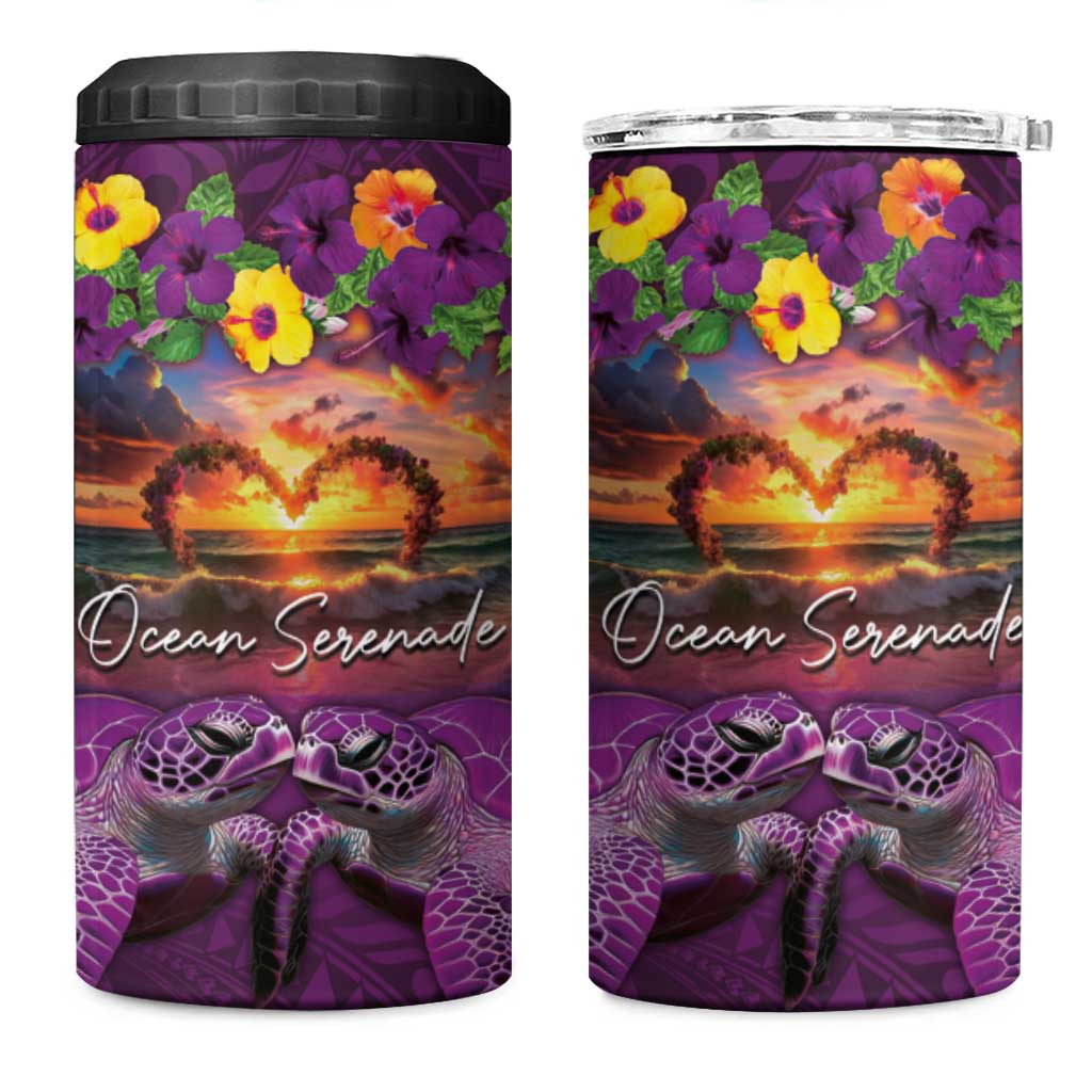 Hawaiian Turtle Love Couple 4 in 1 Can Cooler Tumbler Ocean Serenade - Honu Honi Ihu with Hibiscus and Romantic Sunset Purple Color