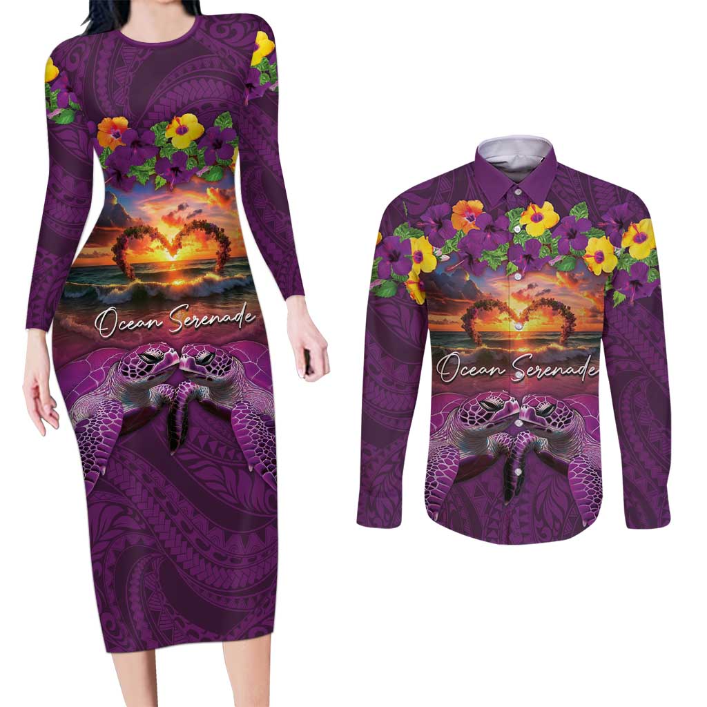 Hawaiian Turtle Love Couple Couples Matching Long Sleeve Bodycon Dress and Long Sleeve Button Shirt Ocean Serenade - Honu Honi Ihu with Hibiscus and Romantic Sunset Purple Color