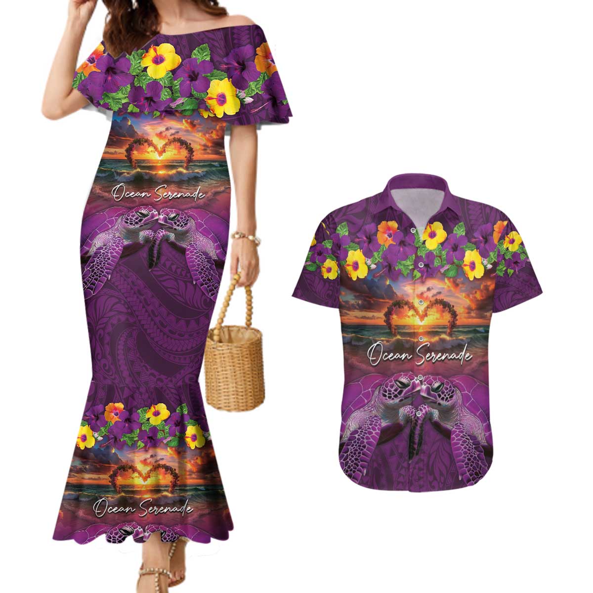 Hawaiian Turtle Love Couple Couples Matching Mermaid Dress and Hawaiian Shirt Ocean Serenade - Honu Honi Ihu with Hibiscus and Romantic Sunset Purple Color