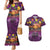 Hawaiian Turtle Love Couple Couples Matching Mermaid Dress and Hawaiian Shirt Ocean Serenade - Honu Honi Ihu with Hibiscus and Romantic Sunset Purple Color