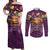 Hawaiian Turtle Love Couple Couples Matching Off Shoulder Maxi Dress and Long Sleeve Button Shirt Ocean Serenade - Honu Honi Ihu with Hibiscus and Romantic Sunset Purple Color