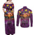 Hawaiian Turtle Love Couple Couples Matching Off Shoulder Maxi Dress and Long Sleeve Button Shirt Ocean Serenade - Honu Honi Ihu with Hibiscus and Romantic Sunset Purple Color