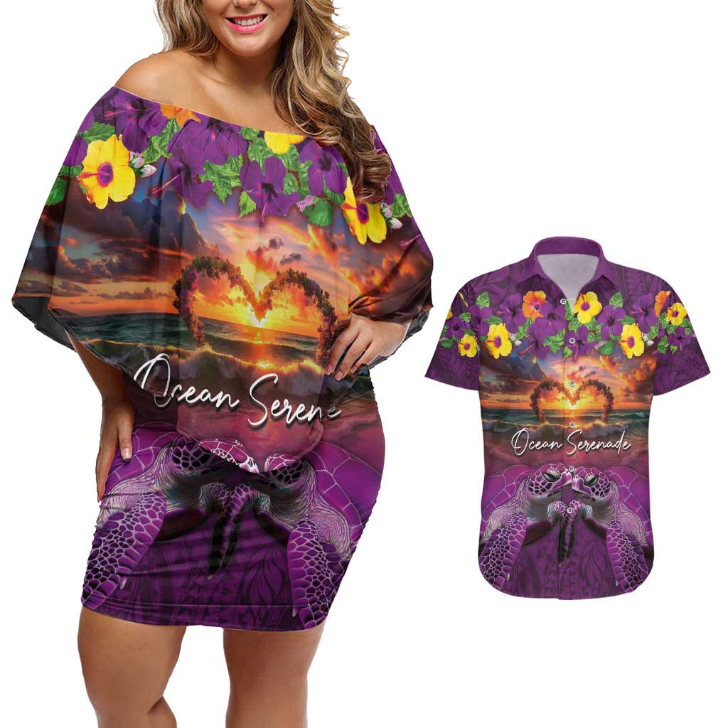 Hawaiian Turtle Love Couple Couples Matching Off Shoulder Short Dress and Hawaiian Shirt Ocean Serenade - Honu Honi Ihu with Hibiscus and Romantic Sunset Purple Color
